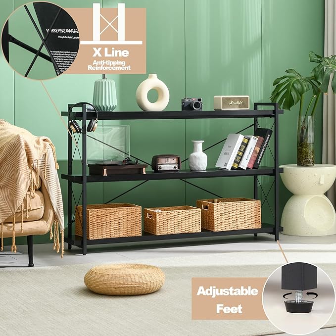 HCHQHS Bookshelf, 3-Tier Long Industrial Bookcase, Black Open Book Shelf, Freestanding Horizontal Bookshelves with Metal Frame - LeafyLoom
