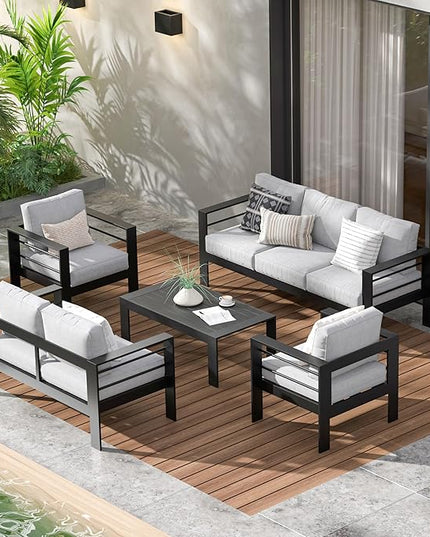 Wisteria Lane Aluminum Patio Furniture Set, 5 Piece Outdoor Conversation Set, Sectional Metal Sofa with 5 Inch Cushion and Coffee Table for Balcony, Backyard, Garden, Black Frame and Grey Cushion - LeafyLoom