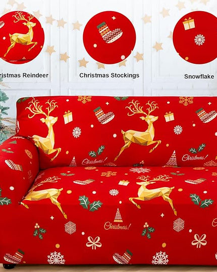 Mybedsoul Christmas Printed Red Sofa Cover Reindeer Printed Elastic Couch Cover Machine Washable Christmas Theme Red Sofa Slipcover for Living Room(2 Seater/Loveseat) Mybedsoul