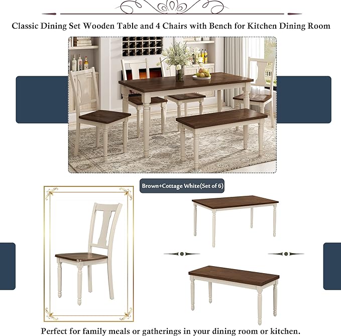 6-Piece Classic Rectangle Wooden Dining Table Set with 4 Chairs and Bench for Kitchen, Brown + Cottage White, 60" L x 35.8" W x 30" H - LeafyLoom