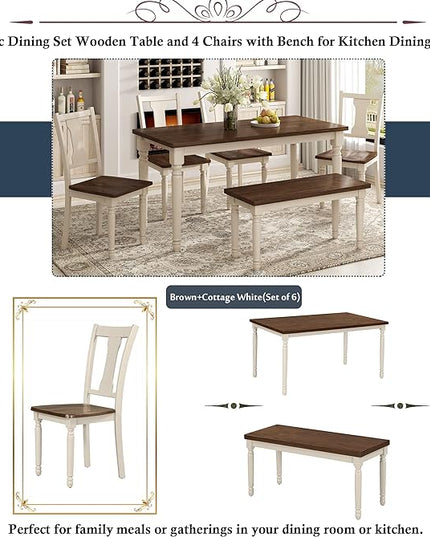 Dining Table Set for 6, Classic 6-Piece Dining Room Table Set with 4 Chairs and Bench, Kitchen Table Set for Dining Room and Living Room, Brown+Cottage White - LeafyLoom