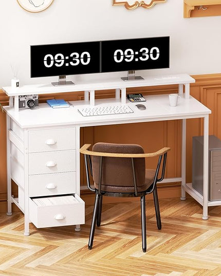 Furologee Desk with Power Outlets and LED Lights, 47in Gaming Computer Desk with 4 Fabric Drawers, Home Office Desk with Full Monitor Stand and Shelf, Study Writing Desk for Bedroom, White - LeafyLoom