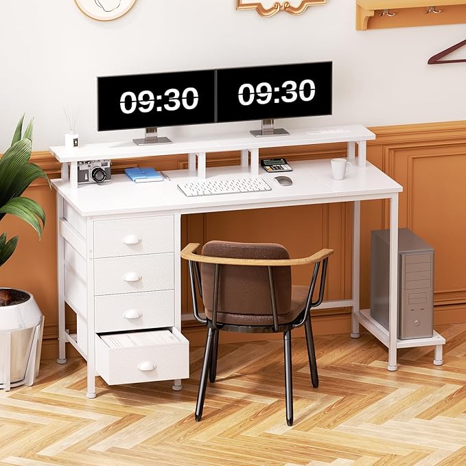 Furologee Desk with Power Outlets and LED Lights, 47in Gaming Computer Desk with 4 Fabric Drawers, Home Office Desk with Full Monitor Stand and Shelf, Study Writing Desk for Bedroom, White - LeafyLoom