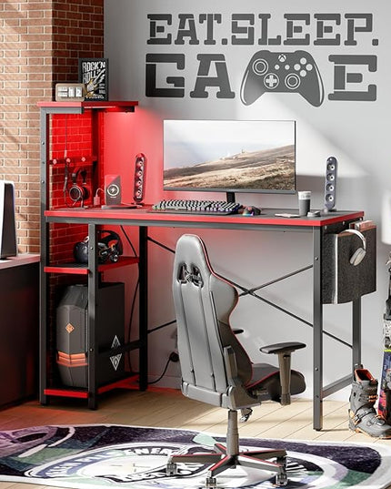 Bestier Gaming Desk with Power Outlets, 44 Inch Led Gamer Desk with 4 Tiers Reversible Shelves, PC Gaming Table with Headset Hook & Side Storage Bag for Bedroom (Black 3D Carbon Fiber) - LeafyLoom