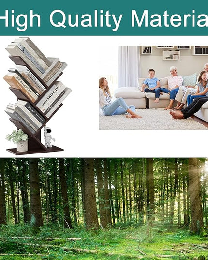 Tree Bookshelf, 5 -Tier Book Storage Organizer Shelves Floor Standing Bookcase, Wood Storage Rack for Office Home School Shelf Display for Cd/Magazine (Dark Walnut) - LeafyLoom