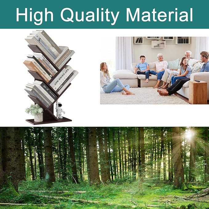 Tree Bookshelf, 5 -Tier Book Storage Organizer Shelves Floor Standing Bookcase, Wood Storage Rack for Office Home School Shelf Display for Cd/Magazine (Dark Walnut) - LeafyLoom