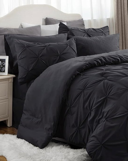 Bedsure Full Size Comforter Sets - Bedding Sets Full 7 Pieces, Bed in a Bag Black Bed Sets with Comforter, Sheets, Pillowcases & Shams, Adult & Kids Bedding - LeafyLoom
