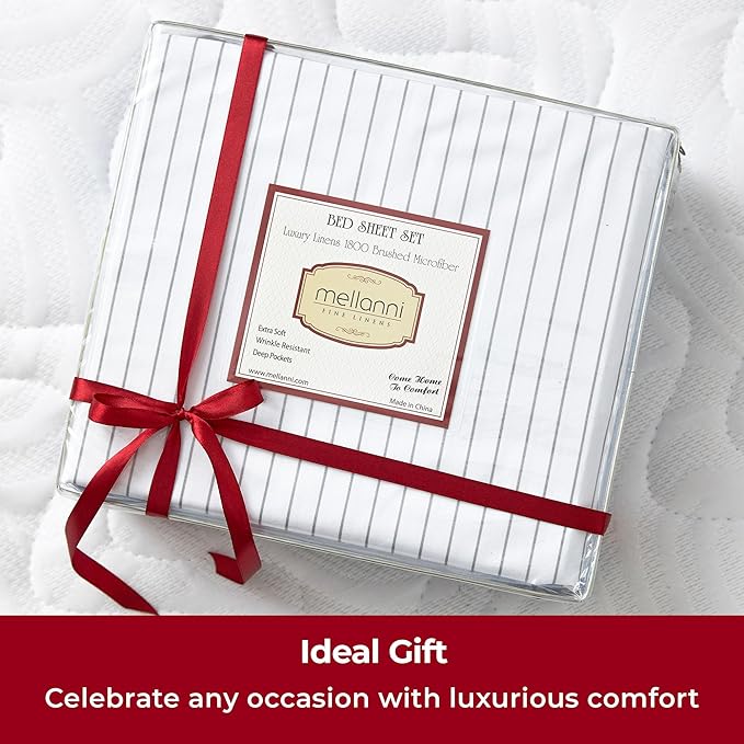 Mellanni Twin XL Sheets Set - 3 PC Iconic Collection Bedding Sheets & Pillowcases - Hotel Luxury, Extra Soft, Cooling Bed Sheets - Deep Pocket up to 16 inch (Twin Extra Long, Pin Stripe Gray) - LeafyLoom