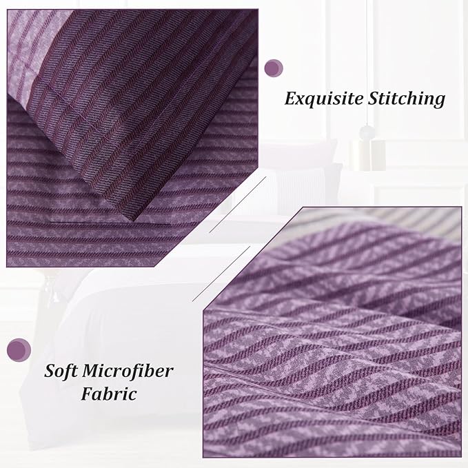 WONGS BEDDING Purple Comforter Sets King, Reversible Striped Patchwork Down Alternative Comforter for King Bed,3 Pieces (1Comforter+2 Pillowcase), Soft Microfiber Bedding Duvet Insert Set 104”×90” - LeafyLoom