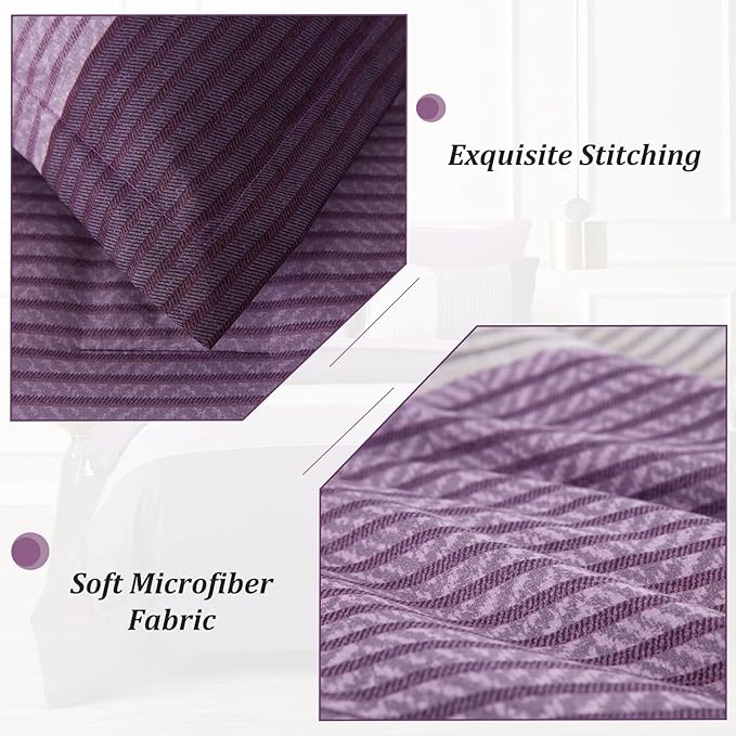 WONGS BEDDING Purple Comforter Set Twin, Revsible Purple Grey Striped Down Alternative Comforter for Twin Bed,2 Pieces (1 Comforter+1 Pillowcase), Soft Microfiber Bedding Duvet Insert 68”×86” - LeafyLoom