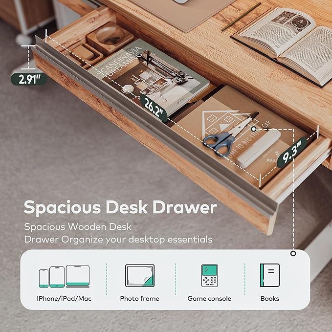 FEZIBO 55 x 27.5 Inches Electric Standing Desk with Open Shelf&LED Strip, Adjustable Height Sit Stand Up Desks with 4 Drawers, Ergonomic Workstation，Light Rustic - LeafyLoom