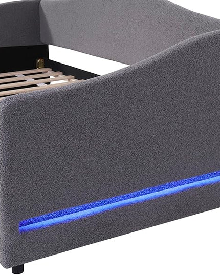 RITSU Twin Size Teddy Fleece Upholstered Daybed with Light and Trundle, Smarter LED Sofa Bed Frame, No Spring Box Needed, Modern Design, Weight Capacity 500 LBS, for Bedroom, Living Room, Gray - LeafyLoom