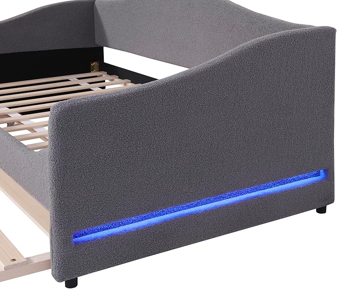 RITSU Twin Size Teddy Fleece Upholstered Daybed with Light and Trundle, Smarter LED Sofa Bed Frame, No Spring Box Needed, Modern Design, Weight Capacity 500 LBS, for Bedroom, Living Room, Gray - LeafyLoom