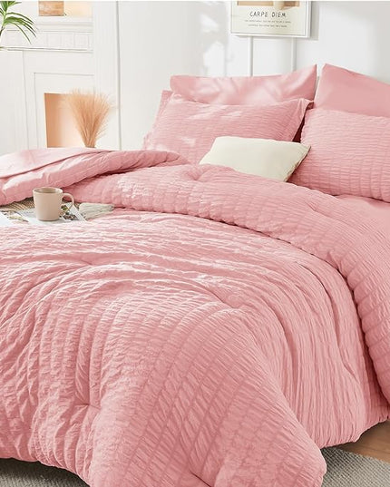 HYMOKEGE Seersucker Twin Comforter Set 3 Pieces, Lightweight Comforter Sets for Bedding, Bed Set with 1 All Season Soft Down Alternative Comforter and 2 Pillow Shams, Pink - LeafyLoom