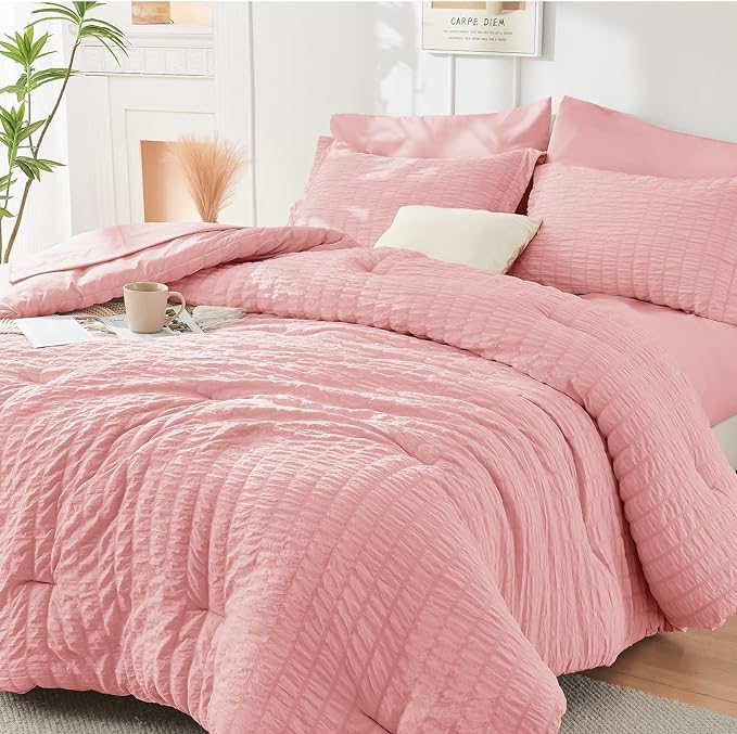 HYMOKEGE Seersucker Comforter Set Full Size 3 Pieces, Lightweight Comforter Sets for Bedding, Bed Set with 1 All Season Soft Down Alternative Comforter and 2 Pillow Shams, Pink - LeafyLoom