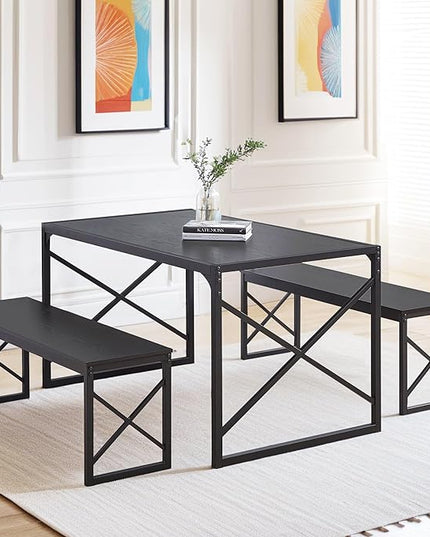 VECELO 55" Kitchen Table Set for 6, Wood Dining Room Dinette 2 Benches with Metal Frame for Breakfast Nook and Small Space, Black - LeafyLoom