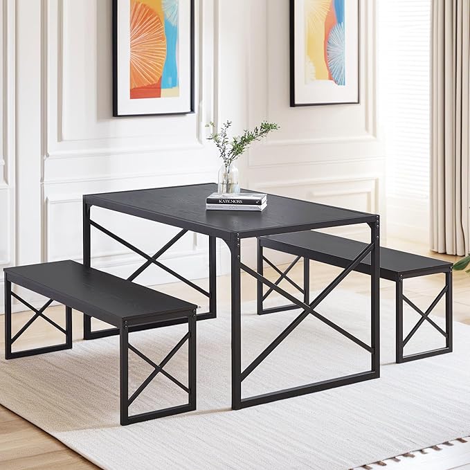 VECELO 55" Kitchen Table Set for 6, Wood Dining Room Dinette 2 Benches with Metal Frame for Breakfast Nook and Small Space, Black - LeafyLoom