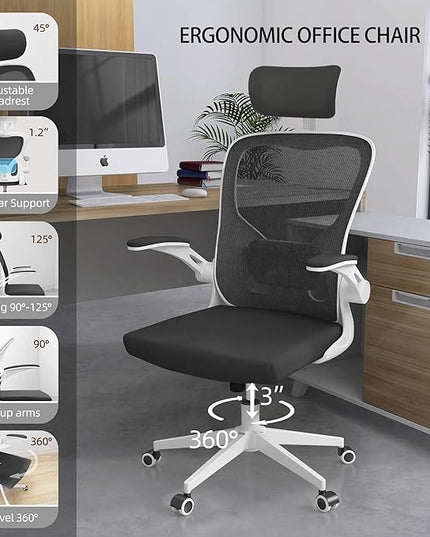 Ergonomic Office Chair, High Back Mesh Computer Desk Chair with Flip-up Arms, Adjustable Lumbar Support & Headrest, Swivel Rolling Task Chair for Home Office, Bedroom, Study, College Dorm（White&Black - LeafyLoom