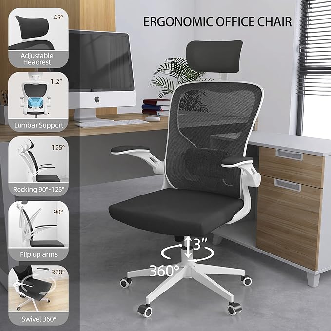Ergonomic Office Chair, High Back Mesh Computer Desk Chair with Flip-up Arms, Adjustable Lumbar Support & Headrest, Swivel Rolling Task Chair for Home Office, Bedroom, Study, College Dorm（White&Black - LeafyLoom