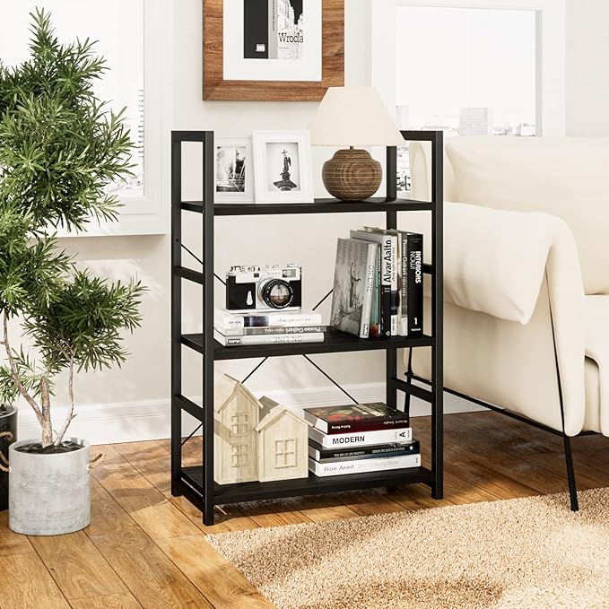NUMENN 3 Tier Bookshelf, Bookcase Shelf Storage Organizer, Modern Book Shelf for Bedroom, Living Room and Home Office, Black - LeafyLoom