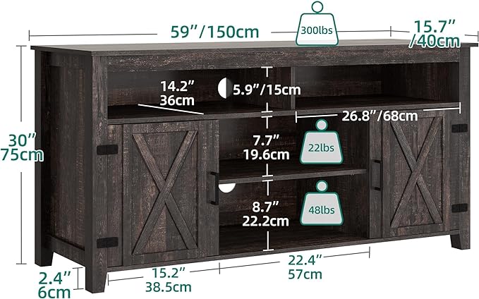 YITAHOME Highboy Farmhouse Barn Door TV Stand for 65 Inch TV, Modern Entertainment Center for 300 lbs, TV Media Console Storage TV Cabinet for Living Room, Dark Rustic Oak, 59.5” - LeafyLoom