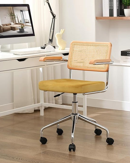 Zesthouse Modern Home Office Chair Velvet Desk Chair with Natural Rattan Back, Vanity Chair for Girls Women, Upholstered Tufted Swivel Armchair, Height Adjustable Computer Task Chair, Yellow - LeafyLoom