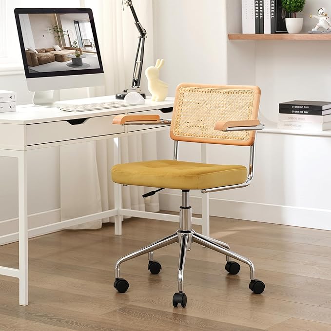 Zesthouse Modern Home Office Chair Velvet Desk Chair with Natural Rattan Back, Vanity Chair for Girls Women, Upholstered Tufted Swivel Armchair, Height Adjustable Computer Task Chair, Yellow - LeafyLoom