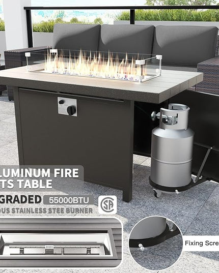 Kullavik 13PCS Outdoor Patio Furniture Set with 43" 55000BTU Gas Propane Fire Pit Table PE Wicker Rattan Sectional Sofa Patio Conversation Sets,Grey - LeafyLoom