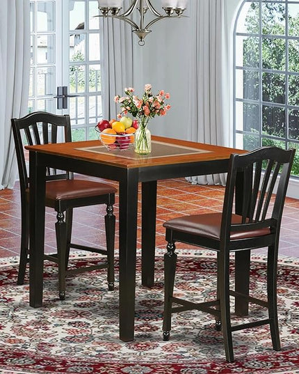East West Furniture PBCH3-BLK-LC 3 Piece Kitchen Counter Height Dining Table Set Contains a Square Pub Table and 2 Faux Leather Upholstered Chairs, 36x36 Inch, Black & Cherry - LeafyLoom