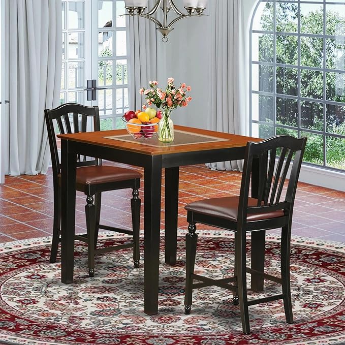 East West Furniture PBCH3-BLK-LC 3 Piece Kitchen Counter Height Dining Table Set Contains a Square Pub Table and 2 Faux Leather Upholstered Chairs, 36x36 Inch, Black & Cherry - LeafyLoom