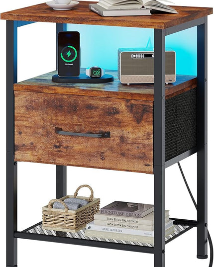 Night Stand, End Table with Charging Station, LED Bedside Table with Fabric Drawer for Bedroom, 3-Tier Side Table with Open Shelf, Rustic Brown - LeafyLoom