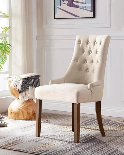 COLAMY Wingback Upholstered Dining Chairs Set of 2, Fabric Side Dining Room Chairs with Tufted Button, Living Room Chairs for Home Kitchen- Beige - LeafyLoom