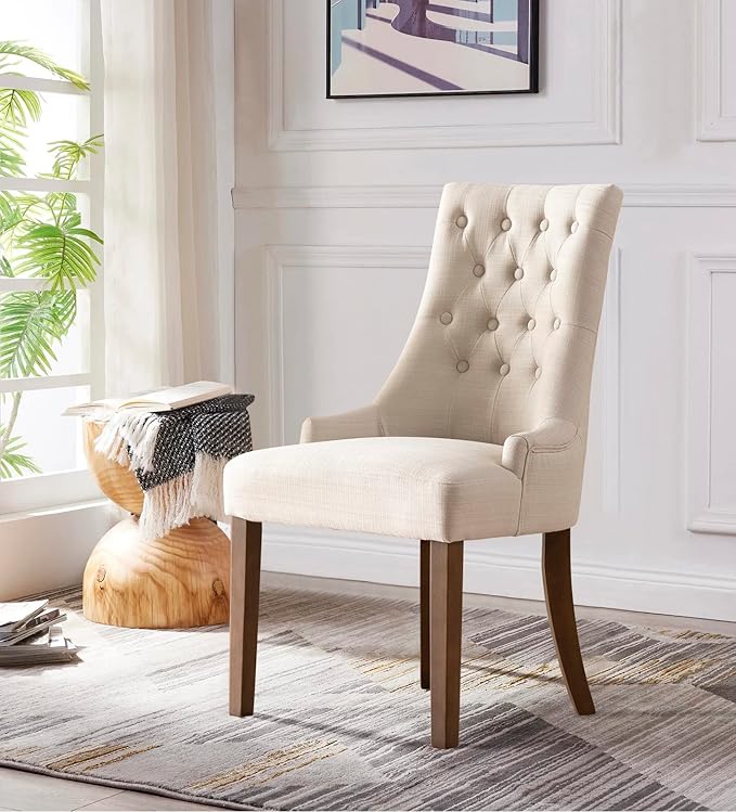 COLAMY Wingback Upholstered Dining Chairs Set of 2, Fabric Side Dining Room Chairs with Tufted Button, Living Room Chairs for Home Kitchen- Beige - LeafyLoom
