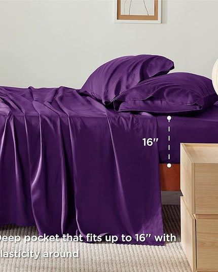 Bedsure California King Sheet Sets, Cooling Sheets, Rayon Derived from Bamboo, Deep Pocket Up to 16", Breathable & Soft Bed Sheets, Hotel Luxury Silky Bedding Sheets & Pillowcases, Plum - LeafyLoom