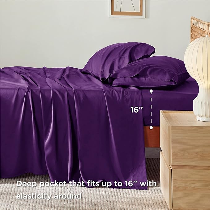 Bedsure California King Sheet Sets, Cooling Sheets, Rayon Derived from Bamboo, Deep Pocket Up to 16", Breathable & Soft Bed Sheets, Hotel Luxury Silky Bedding Sheets & Pillowcases, Plum - LeafyLoom