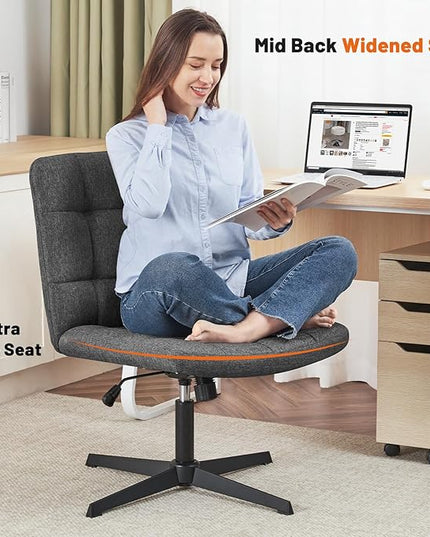Furniliving Criss Cross Wide Chair, Comfy Legged Desk Chair No Wheels Armless Modern Swivel Chair with Mid Back, Height Adjustable Wide Seat for Home Office Vanity, Grey - LeafyLoom