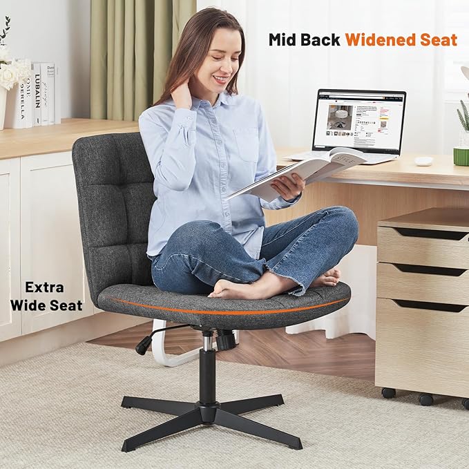 Furniliving Criss Cross Wide Chair, Comfy Legged Desk Chair No Wheels Armless Modern Swivel Chair with Mid Back, Height Adjustable Wide Seat for Home Office Vanity, Grey - LeafyLoom