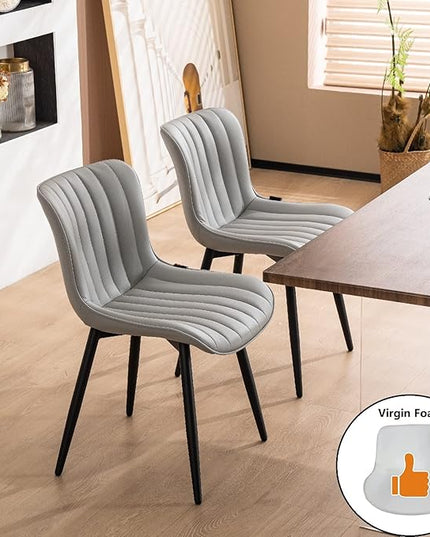 YOUNUOKE Grey Dining Chairs Set of 2 Upholstered Mid Century Modern Kitchen Chairs Armless Faux Leather Accent Guest Chair with Back Metal Legs for Guest Reception Waiting Living Room - LeafyLoom