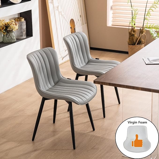 YOUNUOKE Grey Dining Chairs Set of 2 Upholstered Mid Century Modern Kitchen Chairs Armless Faux Leather Accent Guest Chair with Back Metal Legs for Guest Reception Waiting Living Room - LeafyLoom