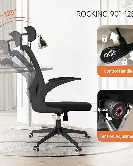 Black Office Chair, Ergonomic Office Chair, Home Office Desk Chair for Big and Tall People, Computer Chair with Adjustable Headrest, Lumbar Support, Flip-Up Arms, PU Wheels - LeafyLoom