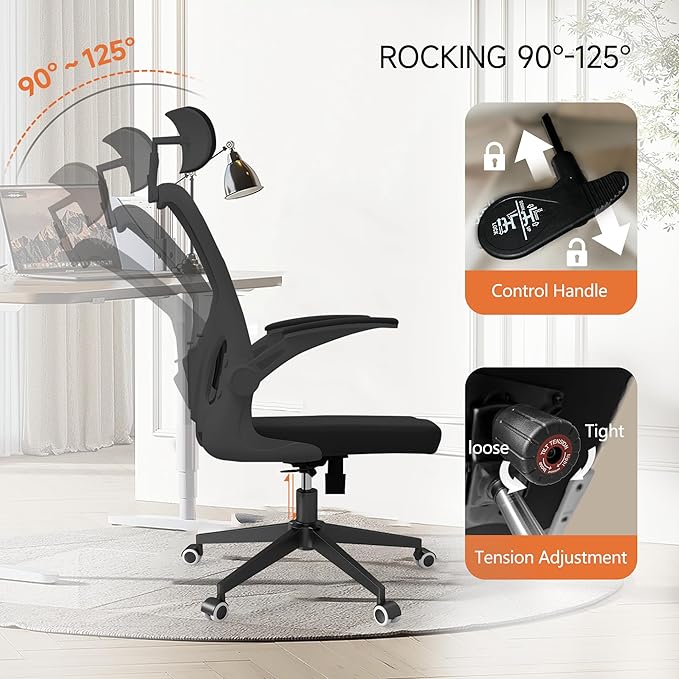 Black Office Chair, Ergonomic Office Chair, Home Office Desk Chair for Big and Tall People, Computer Chair with Adjustable Headrest, Lumbar Support, Flip-Up Arms, PU Wheels - LeafyLoom