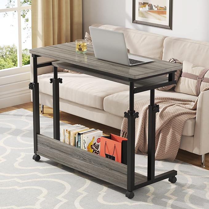 Tribesigns Portable Desk for Sofa and Bed, Height Adjustable Mobile Laptop Table Small Standing Desk Rolling Computer Cart with Keyboard Tray on Wheels for Home Office (Grey) - LeafyLoom