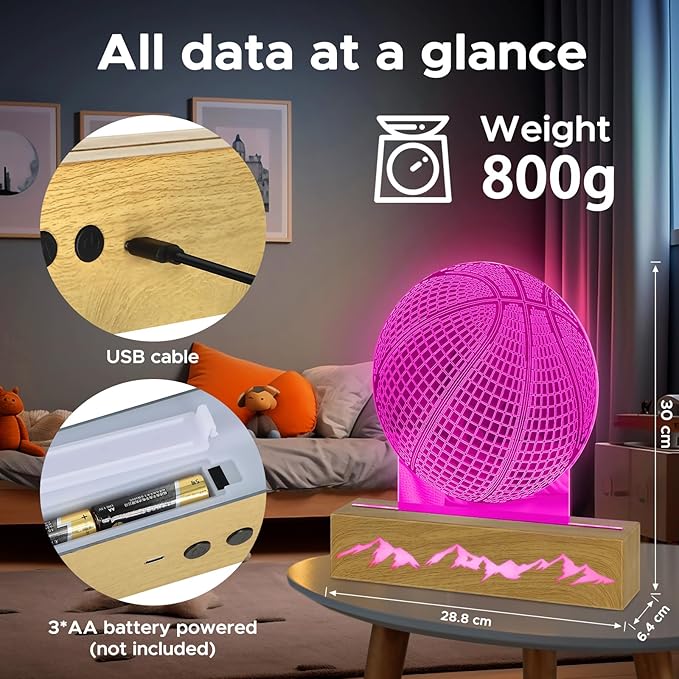 3D Basketball Night Light - Idea Gifts for Kid/fans, Acrylic Night Lights with Remote Control 16 Colors Changing Basketball Decoration - LeafyLoom