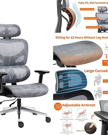Nouhaus Ergo3D Ergonomic Office Chair Lumbar Support Mesh Office Chair with 4D Adjustable Armrest, Adjustable Headrest and Wheels, Mesh High Back Home Office Desk Chairs (Grey) - LeafyLoom