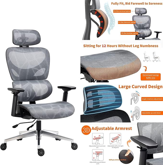 Nouhaus Ergo3D Ergonomic Office Chair Lumbar Support Mesh Office Chair with 4D Adjustable Armrest, Adjustable Headrest and Wheels, Mesh High Back Home Office Desk Chairs (Grey) - LeafyLoom