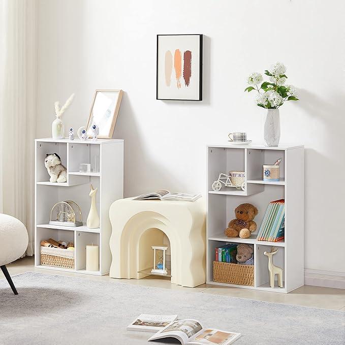 VECELO Small White Bookshelf, 5 Cube Shelf, Fits Tallest Hardcovers, Horizontal Available, Storage Organzier for Home Office, Pearl White - LeafyLoom