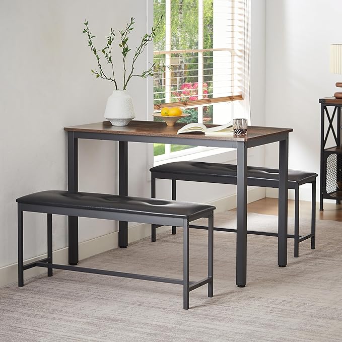 NicBex Dining Table Set Breakfast Nook Table Set Barstool Dining Table with 2 Pu Upholstered Benches Industrial Style Dining Table and Chairs for Kitchen, Living Room, Rustic Brown - LeafyLoom