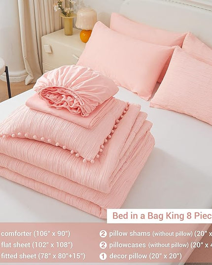 8 Piece Woven Texture Pink King Size Comforter Set, Bed in A Bag Bedding King with Comforter and Sheets, Soft Lightweight Comforter Set with Deocor Throw Pillow, Pink - LeafyLoom