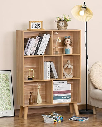 LEYAOYAO Wooden 7 Cube Book Shelf, Natural 3 Tier Bookshelf with Legs, Modern Open Storage Organizer,Boho Bookcase,Display Cabinet Shelf Free Standing Bookshelves for Bedroom,Living Room,Office - LeafyLoom