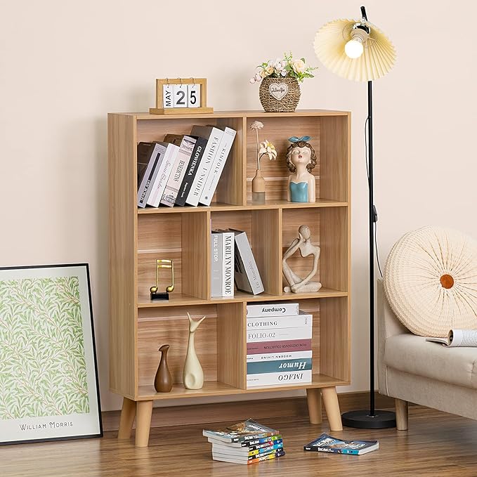 LEYAOYAO Wooden 7 Cube Book Shelf, Natural 3 Tier Bookshelf with Legs, Modern Open Storage Organizer,Boho Bookcase,Display Cabinet Shelf Free Standing Bookshelves for Bedroom,Living Room,Office - LeafyLoom